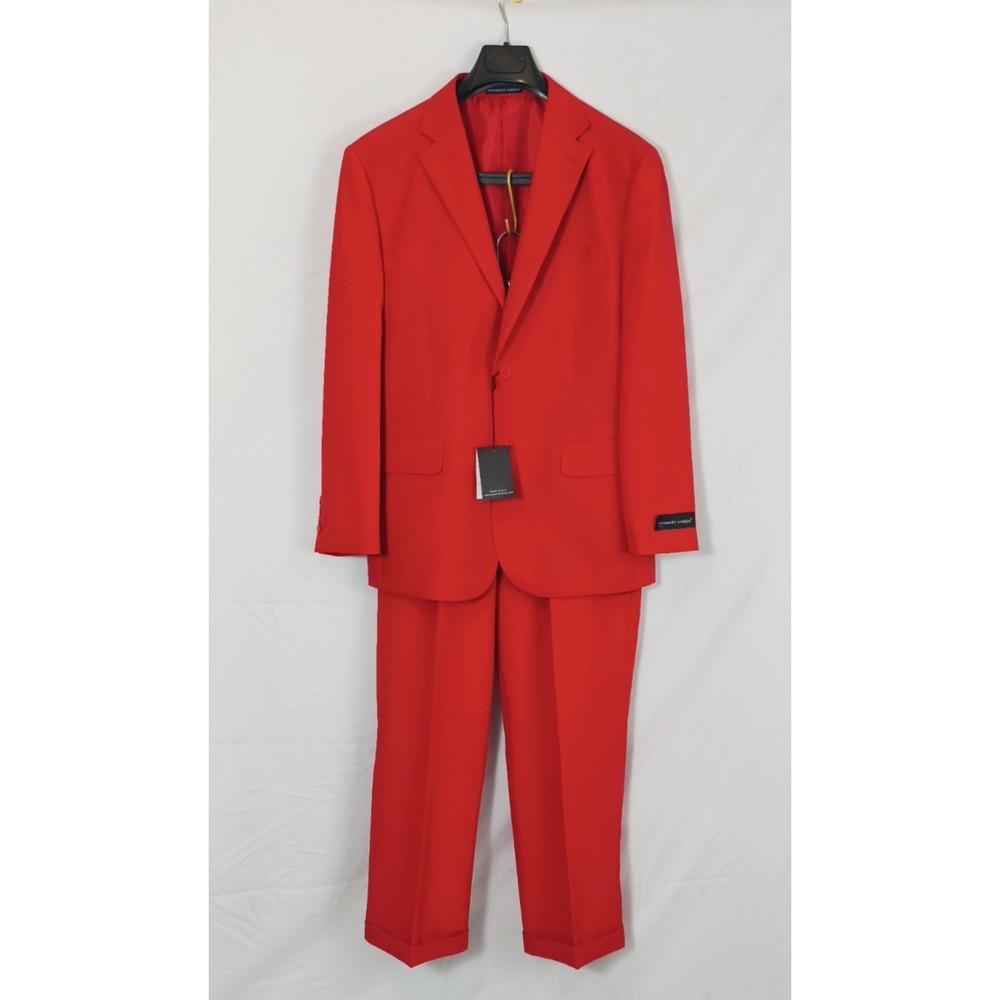 Vittorio St Angelo Mens Suit 38R Jacket 32W Pants Bright Red Suit Coat Trousers